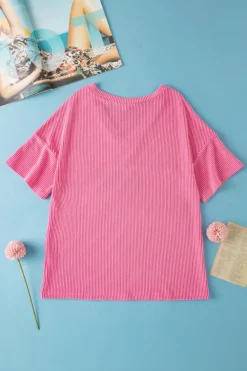 Discount Dear-Lover Color Block Patch Pocket Corded V Neck Tee Rose Red