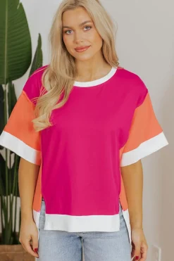 Fashion Dear-Lover Color Block Patchwork Side Slits Loose Fit T Shirt Rose Red