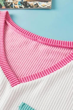 Discount Dear-Lover Color Block Patch Pocket Corded V Neck Tee Rose Red