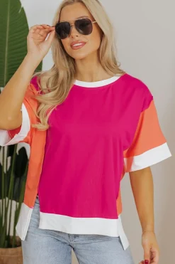 Fashion Dear-Lover Color Block Patchwork Side Slits Loose Fit T Shirt Rose Red
