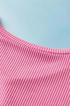 Discount Dear-Lover Color Block Patch Pocket Corded V Neck Tee Rose Red