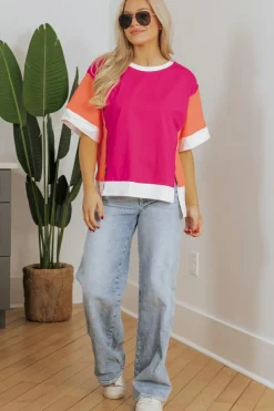 Fashion Dear-Lover Color Block Patchwork Side Slits Loose Fit T Shirt Rose Red