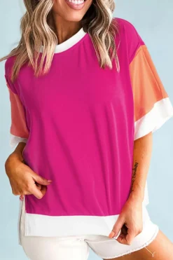 Fashion Dear-Lover Color Block Patchwork Side Slits Loose Fit T Shirt Rose Red