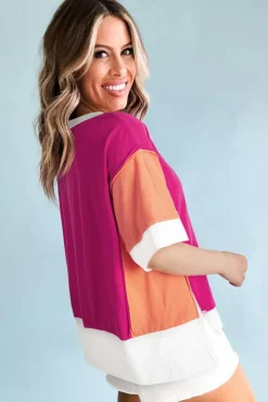 Fashion Dear-Lover Color Block Patchwork Side Slits Loose Fit T Shirt Rose Red