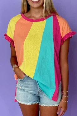Discount Dear-Lover Color Block Ruffled Crew Neck Loose Fit T Shirt Rose Red