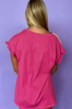 Discount Dear-Lover Color Block Ruffled Crew Neck Loose Fit T Shirt Rose Red