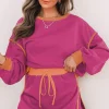 Hot Dear-Lover Color Contrast Loose Pullover and Lace-up Waist Skort Set Rose Red