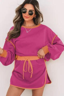 Hot Dear-Lover Color Contrast Loose Pullover and Lace-up Waist Skort Set Rose Red