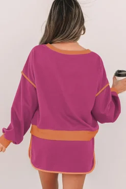 Hot Dear-Lover Color Contrast Loose Pullover and Lace-up Waist Skort Set Rose Red