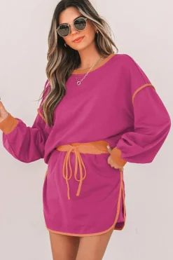 Hot Dear-Lover Color Contrast Loose Pullover and Lace-up Waist Skort Set Rose Red