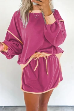 Hot Dear-Lover Color Contrast Loose Pullover and Lace-up Waist Skort Set Rose Red