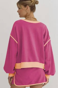 Hot Dear-Lover Color Contrast Loose Pullover and Lace-up Waist Skort Set Rose Red
