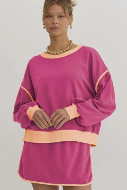 Hot Dear-Lover Color Contrast Loose Pullover and Lace-up Waist Skort Set Rose Red