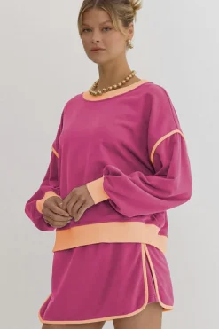 Hot Dear-Lover Color Contrast Loose Pullover and Lace-up Waist Skort Set Rose Red