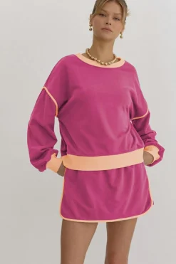 Hot Dear-Lover Color Contrast Loose Pullover and Lace-up Waist Skort Set Rose Red