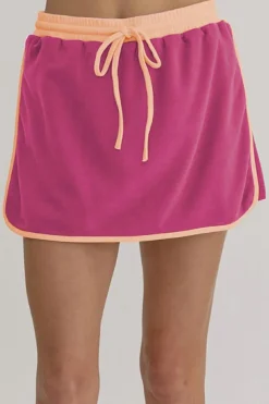 Hot Dear-Lover Color Contrast Loose Pullover and Lace-up Waist Skort Set Rose Red