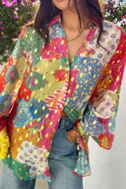 Discount Dear-Lover Colorblock Abstract Print Button up Loose Shirt Rose Red
