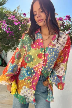 Discount Dear-Lover Colorblock Abstract Print Button up Loose Shirt Rose Red