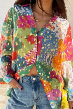 Discount Dear-Lover Colorblock Abstract Print Button up Loose Shirt Rose Red