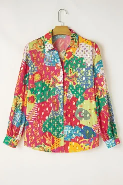 Discount Dear-Lover Colorblock Abstract Print Button up Loose Shirt Rose Red