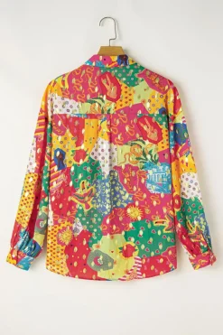 Discount Dear-Lover Colorblock Abstract Print Button up Loose Shirt Rose Red