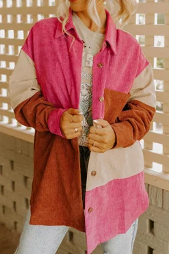 Online Dear-Lover Colorblock Curved Hem Corduroy Shacket with Pocket Rose Red