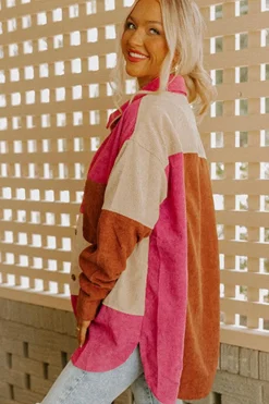 Online Dear-Lover Colorblock Curved Hem Corduroy Shacket with Pocket Rose Red