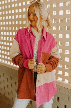 Online Dear-Lover Colorblock Curved Hem Corduroy Shacket with Pocket Rose Red