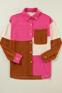 Online Dear-Lover Colorblock Curved Hem Corduroy Shacket with Pocket Rose Red