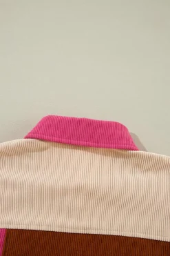 Online Dear-Lover Colorblock Curved Hem Corduroy Shacket with Pocket Rose Red