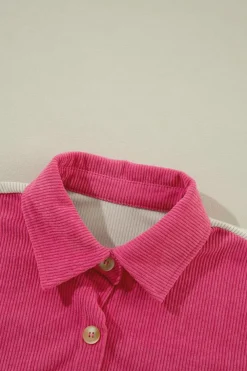 Online Dear-Lover Colorblock Curved Hem Corduroy Shacket with Pocket Rose Red