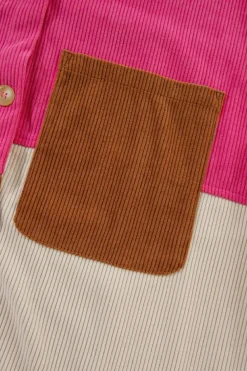 Online Dear-Lover Colorblock Curved Hem Corduroy Shacket with Pocket Rose Red
