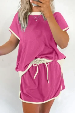 Discount Dear-Lover Colorblock Edge Drop Shoulder T Shirt and Skort 2Pcs Set Rose Red