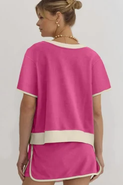 Discount Dear-Lover Colorblock Edge Drop Shoulder T Shirt and Skort 2Pcs Set Rose Red
