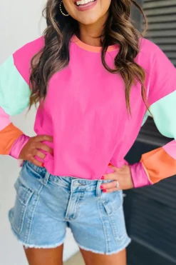 New Dear-Lover Colorblock Patchwork Long Sleeve Loose Top Rose Red