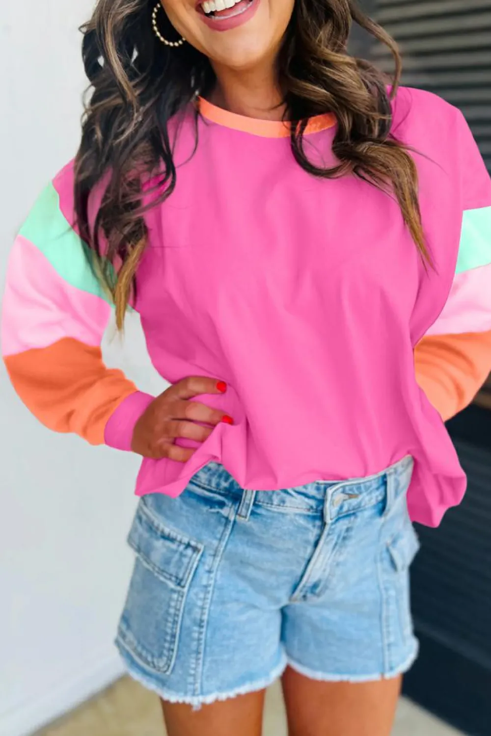 New Dear-Lover Colorblock Patchwork Long Sleeve Loose Top Rose Red