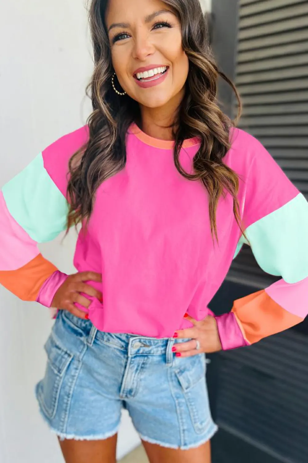 New Dear-Lover Colorblock Patchwork Long Sleeve Loose Top Rose Red