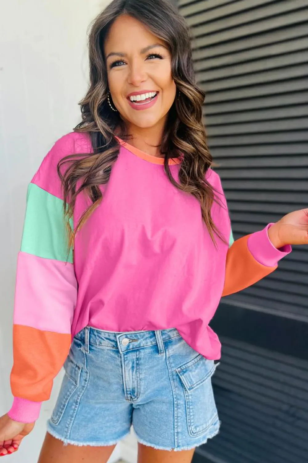 New Dear-Lover Colorblock Patchwork Long Sleeve Loose Top Rose Red