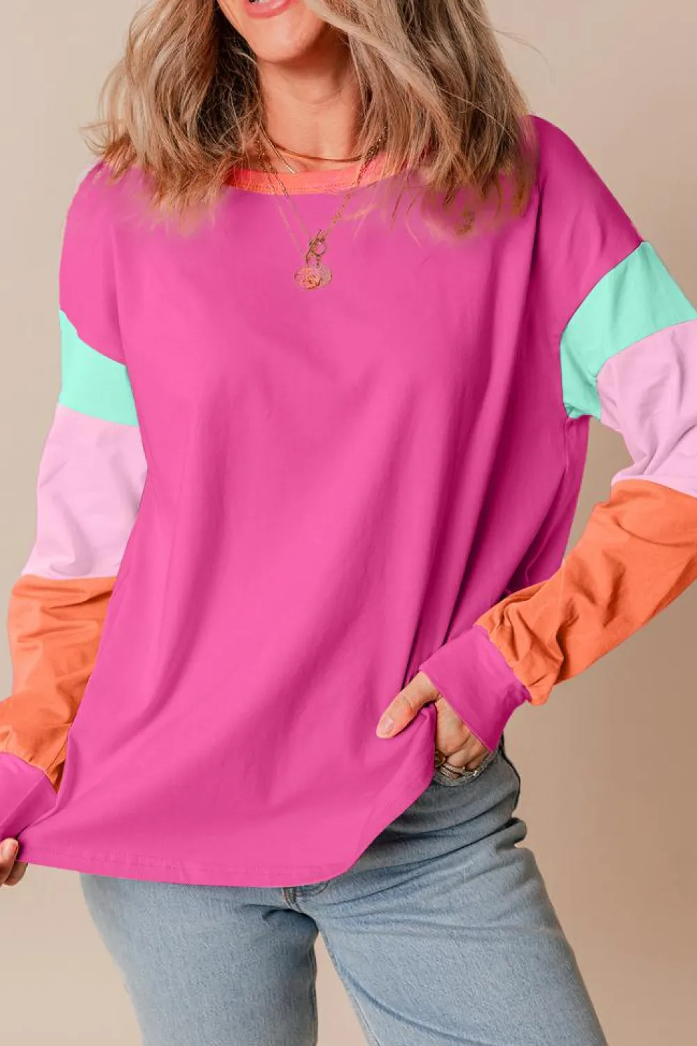 New Dear-Lover Colorblock Patchwork Long Sleeve Loose Top Rose Red