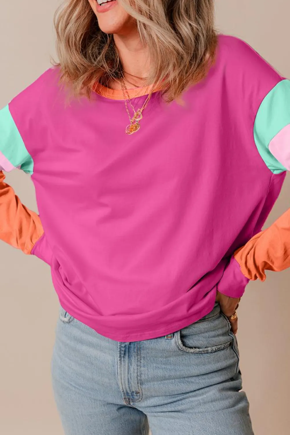 New Dear-Lover Colorblock Patchwork Long Sleeve Loose Top Rose Red