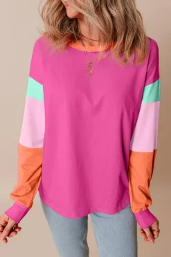 New Dear-Lover Colorblock Patchwork Long Sleeve Loose Top Rose Red