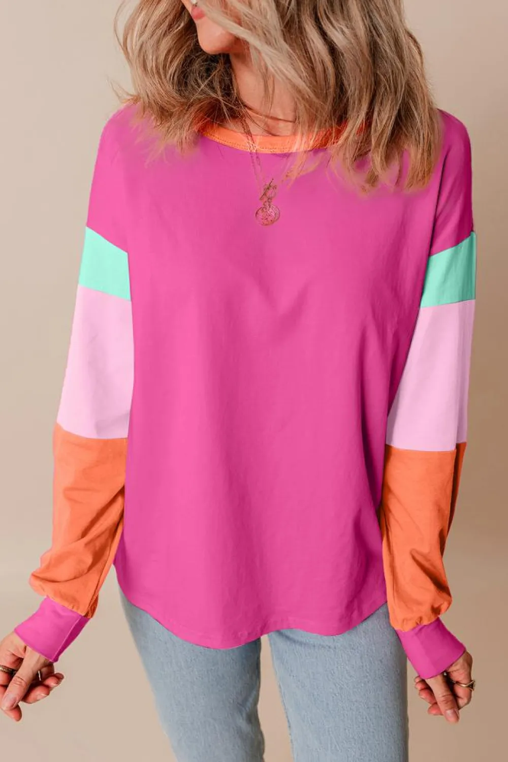 New Dear-Lover Colorblock Patchwork Long Sleeve Loose Top Rose Red
