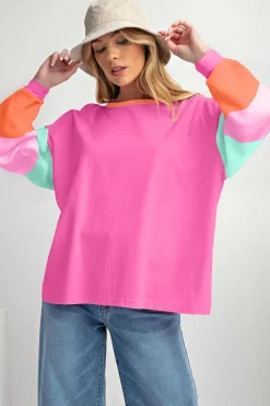 New Dear-Lover Colorblock Patchwork Long Sleeve Loose Top Rose Red