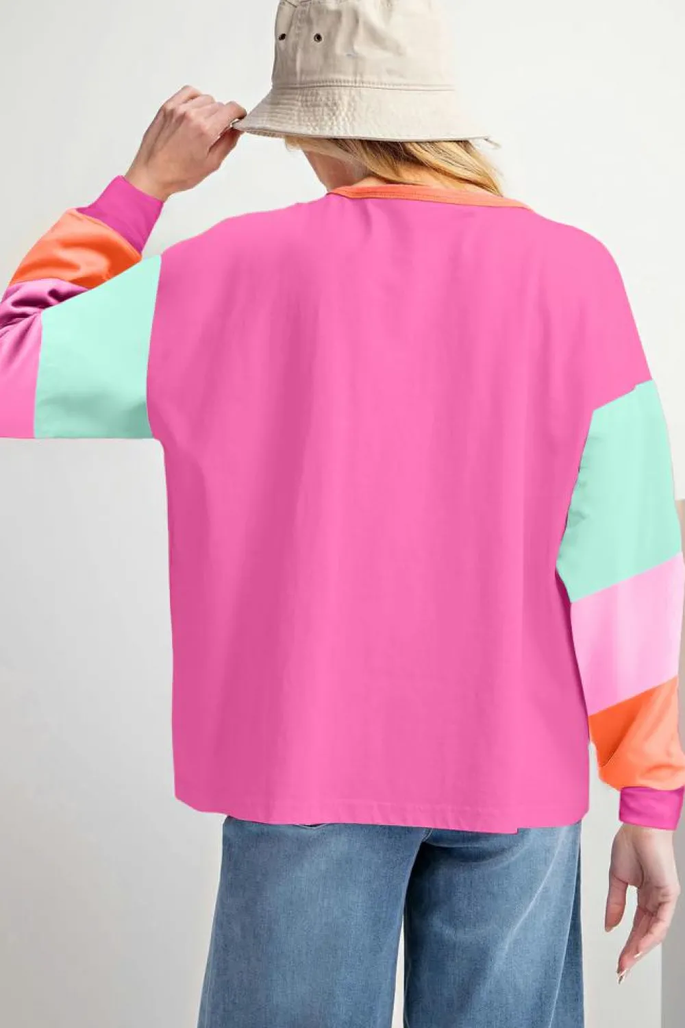 New Dear-Lover Colorblock Patchwork Long Sleeve Loose Top Rose Red