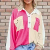 Fashion Dear-Lover Colorblock Ribbed Collared Oversized Sweatshirt Rose Red