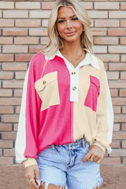 Fashion Dear-Lover Colorblock Ribbed Collared Oversized Sweatshirt Rose Red