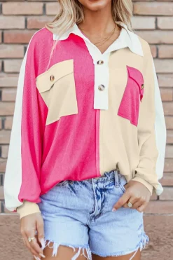 Fashion Dear-Lover Colorblock Ribbed Collared Oversized Sweatshirt Rose Red