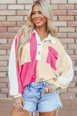Fashion Dear-Lover Colorblock Ribbed Collared Oversized Sweatshirt Rose Red
