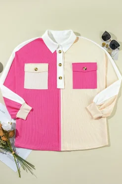 Fashion Dear-Lover Colorblock Ribbed Collared Oversized Sweatshirt Rose Red