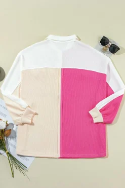 Fashion Dear-Lover Colorblock Ribbed Collared Oversized Sweatshirt Rose Red